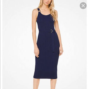 MICHAEL Michael Kors Sleeveless Belted Rib Midi Tank Sweater Dress Dark Blue XXS